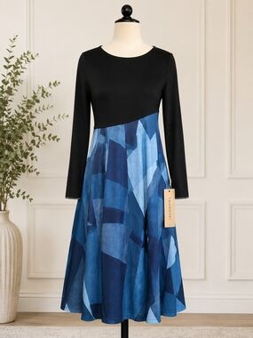 Tendency NWT Black Blue Geometric Colorblock Long Sleeve Midi Dress L